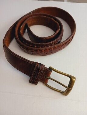 Vintage Woven Center Leather Belt Brown With Solid Brass Buckle , 46in Long